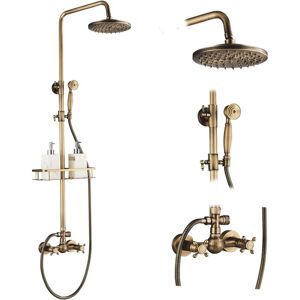 SUGUWORD Bathroom Shower System Antique Brass Finish 8 inch Round Rainfall Shower Head and Hand Sprayer with Shelf Holder Shower Set