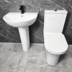 HYDROS Bathroom Suite Comfort Height Toilet Black Flush Button & Hinges Closed Back, Without Tap