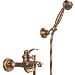 Gotrays - Bathtub and Shower Faucet with Hand Shower Retro Brass Bath Faucet 2 Holes 2 Handles Wall Mounted Shower Mixer Tap