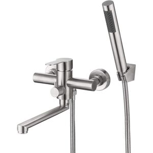 Gotrays - Bathtub Faucet Stainless Steel Wall Mounted Bath Mixer Shower Faucet with Hand Shower Wall Bracket and Shower Hose, Round Wall Mounted Bath