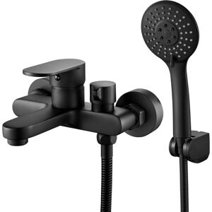 Ikodm - Black Bathtub Mixer Tap, Bathtub Faucet with Hand Shower and Shower Hose (1.5m) Holder, Single Lever Wall Mounted Shower Mixer Tap