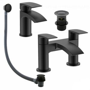Gravahaus - Matt Black Round Basin Sink Tap & Bath Filler Set with Matching Waste Plugs