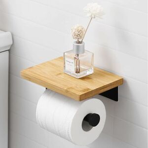 Black Self Adhesive Toilet Paper Holder with Bamboo Tray, Roll Holder, Wall Mounted Toilet Paper Holder No Drilling Stainless Steel Mumu