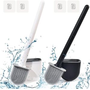 Linghhang - Black+White,With Hook)2 Pack Flat Silicone Toilet Brush,Wall Mounted Toilet Brush,Long Handle Bathroom Toilet Brush Drying