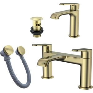 Fnx Bathrooms - Brushed Brass Basin Sink Tap & Bath Filler Set with Matching Waste Plugs