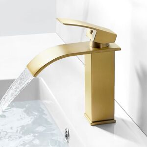 Tinor - Brushed Gold Waterfall Bathroom Faucet, Brass Bathroom Sink Mixer Tap, Sink Faucet without Pull-Out or Waste, Brass Mixer Tap with 107mm