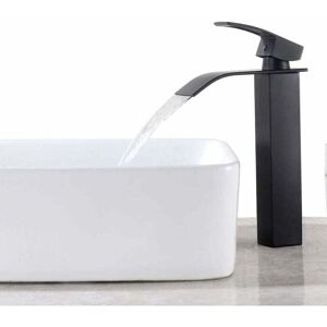 VOLAVO CCYKXA Black Waterfall Basin Faucet, Spout Height 260MM High Bathroom Countertop Basin Mixer Tap, Brass Large Square Spout Faucet, Hot and Cold Water