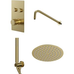 Brushed Brass Concealed Push Button Shower Valve Including Round Fixed Shower Head and Round Handset Outlet Holder with Kit - 2 Outlet - Colore