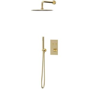 Colore - Brushed Brass Concealed Push Button Twin Thermostatic Shower Valve Including 300mm Round Fixed Shower Head with Wall Arm and Round Shower