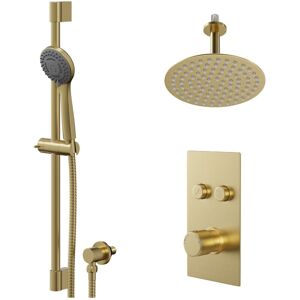 Colore - Round Brushed Brass Concealed Push Button Shower Valve and 200mm Thin Round Fixed Head with 150mm Ceiling Arm and Round Slide Rail Kit with