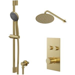Colore - Round Brushed Brass Concealed Push Button Shower Valve and 200mm Thin Round Fixed Head with Wall Arm and Round Slide Rail Kit with Round