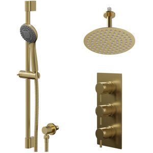 COLORE Round Brushed Brass Concealed Triple Thermostatic Shower Valve and 200mm Thin Round Fixed Head with 150mm Ceiling Arm and Round Slide Rail Kit with