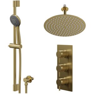 COLORE Round Brushed Brass Concealed Triple Thermostatic Shower Valve and 300mm Thin Round Fixed Head with 150mm Ceiling Arm and Round Slide Rail Kit with