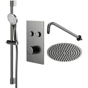 Colore - Round Gunmetal Grey Concealed Push Button Twin Thermostatic Shower Valve Including 300mm Fixed Shower Head with Wall Arm and Slide Rail Kit