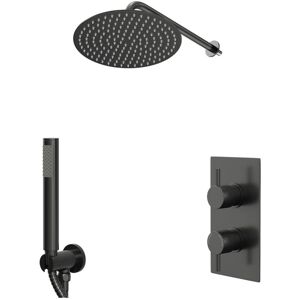 Colore - Round Gunmetal Grey Concealed Triple Thermostatic Shower Valve with Diverter and 300mm Fixed Head with 345mm Wall Arm and Outlet Holder with