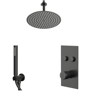 Colore - Round Gunmetal Grey Push Button Diverter Concealed Thermostatic Shower Valve and 300mm Fixed Head with 150mm Ceiling Arm and Outlet Holder