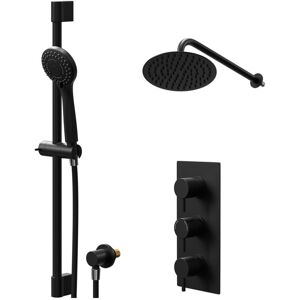 Colore - Round Matt Black Concealed Triple Thermostatic Shower Valve and 200mm Thin Round Fixed Head with Wall Arm and Round Slide Rail Kit with