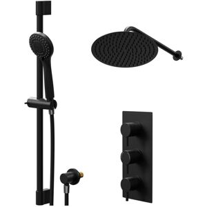 Colore - Round Matt Black Concealed Triple Thermostatic Shower Valve and 300mm Thin Round Fixed Head with Wall Arm and Round Slide Rail Kit with