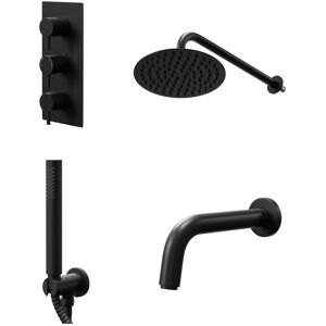 COLORE Round Matt Black Concealed Triple Thermostatic Shower Valve with Diverter and 200mm Fixed Head with 345mm Wall Arm and Outlet Holder with Kit and