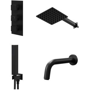 COLORE Square Matt Black Concealed Triple Thermostatic Shower Valve with Diverter and 200mm Fixed Head with 345mm Wall Arm and Outlet Holder with Kit and
