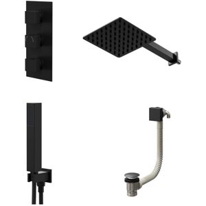 COLORE Square Matt Black Concealed Triple Thermostatic Shower Valve with Diverter and 200mm Fixed Head with 345mm Wall Arm and Outlet Holder with Kit and