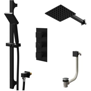 Colore Square Matt Black Concealed Triple Thermostatic Shower Valve with Diverter and 200mm Fixed Head with 345mm Wall Arm and Slide Rail Kit with