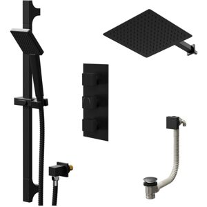 COLORE Square Matt Black Concealed Triple Thermostatic Shower Valve with Diverter and 300mm Fixed Head with 345mm Wall Arm and Slide Rail Kit with Free-Flow