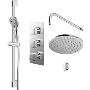 Wholesale Domestic - Cubix Polished Chrome Triple Thermostatic Valve Mixer Shower with Round Fixed Head and Avon Shower Slide Rail Kit - 2 Outlet