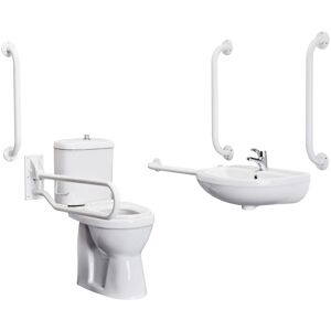 BALTERLEY Pack - Comfort Height Pan, Cistern, Toilet Seat, Wall Mount Basin, Tap, 5 Grab Rails & Drop Down Rail - White