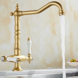 Dewdat - Double-lever kitchen mixer faucet antique brass kitchen 360° swivel classic vintage kitchen and bathroom sink faucet with cold and hot water