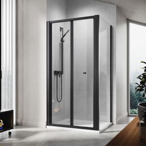 ELEGANT 1000 x 800mm Bi-Fold Shower Enclosure Matt Black Frame Folding Glass Cubicle Door + Side Panel + Tray and Waste