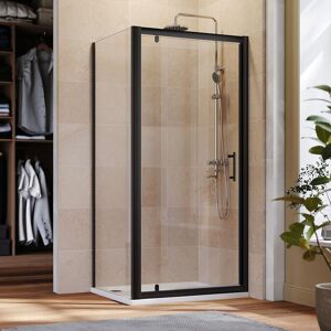 ELEGANT 1000mm Black Frame Pivot Shower Door Enclosure with 700mm Side Panel Reversible Bathroom Wet Room, 1000x700mm Shower Tray, Waste Trap, Riser Kit