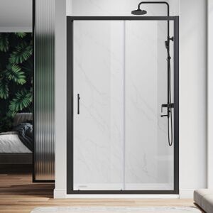 ELEGANT 1100mm Black Frame Sliding Shower Door Enclosure 6mm Tempered Glass with 1100x900mm Shower Tray, Waste Trap, Riser Kit