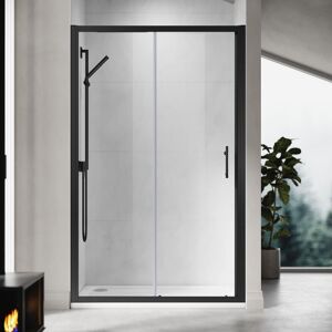 ELEGANT 1100mm Black Frame Sliding Shower Door Enclosure 6mm Tempered Glass with 1100x800mm Shower Tray, Waste Trap, Riser Kit
