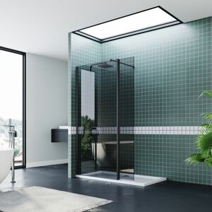 ELEGANT 1100mm Grey Modern Shower Door with 300mm Matte Black Shower Screen 8mm Nano Coated Glass Shower Enclosure with 1700x700mm Shower Tray and Waste Trap