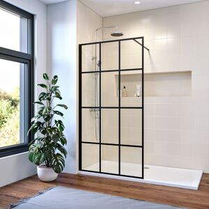ELEGANT 1100mm Matte Black Walk in Shower Door 8mm Tempered Glass Panel + 1700x800mm Shower Base Tray + 90mm Waste Trap Include Stainless Steel Support Rod