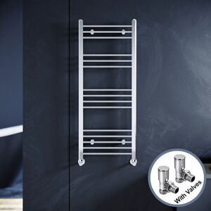 1200 x 500 mm Chrome Designer Flat Panel Heated Towel Rail Radiator + Chrome Thermostatic Radiator Valves - Elegant