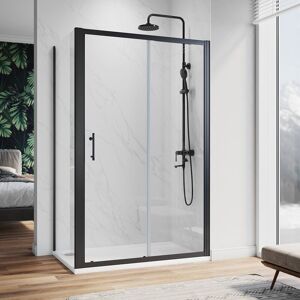 1200 x 800 mm Sliding Shower Enclosure Matt Black Frame Cubicle with Tray and Waste + Side Panel + Riser Kit - Elegant