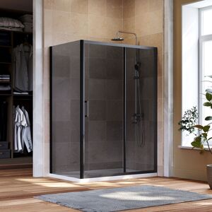 ELEGANT 1200mm Shower Cabin Black Sliding Door 700mm Shower Screen Panel 8mm Nano Grey Glass Wet Room with Anti-Slip Shower Base Tray 1200x700mm and Waste