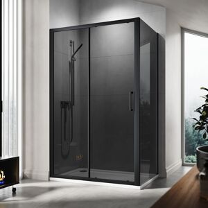 ELEGANT 1200mm Shower Cabin Black Sliding Door 900mm Shower Screen Panel 8mm Grey Nano Glass Wet Room with Shower Base Tray 1200x900mm and Waste Trap