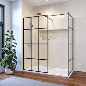 ELEGANT 1200mm Walk in Shower Cubicle 700mm Side Glass Panel 8mm Tempered Glass Black Matt Shower Enclosure 1600x700mm Shower Base Tray and Free Waste Trap