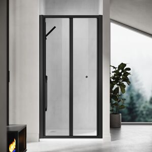 700mm Bi-Fold Shower Door Black Frame Folding Glass Shower Enclosure Cubicles Door with 700 x 1200mm Shower Tray, Waste Trap, Riser Kit - Elegant