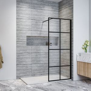 760mm Black Grid Frame Walk in Shower Enclosure 8mm Tempered Glass Screen Wet Room Bathroom Cubicle 1200x900mm Shower Tray + Waste Trap - Elegant