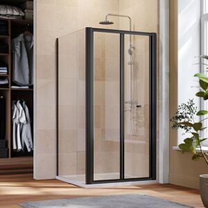 900mm Pivot Hinge Shower Door Black Aluminium Frame Shower Enclosure 6mm Tempered Glass with 900x900mm smc Tray & Waste Trap + Side Panel - Elegant