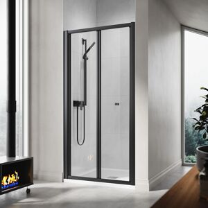 ELEGANT 900mm Pivot Hinge Shower Door Black Aluminium Frame Shower Enclosure 6mm Tempered Glass with 900x900mm SMC Tray & Waste Trap