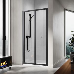 ELEGANT Bathroom 700mm Bi-Fold Shower Door Matt Black Frame Folding Glass Cubicle Door + 700 x 1000mm Slip-Resistance Shower Tray with Waste and Resin Cover