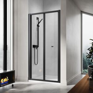 ELEGANT Bathroom 700mm Bi-Fold Shower Door Matt Black Frame Folding Glass Cubicle Door + 700 x 1200mm Slip-Resistance Shower Tray with Waste and Resin Cover