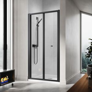 ELEGANT 900mm Black Frame Bi-Fold Shower Door Enclosure Glass Reversible Folding Cubicle with Rectangular SMC Tray and Waste Trap