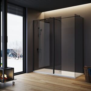ELEGANT Grey Shower Cubicle with Side Panel 900x800mm and Black Pivot Return Panel Walkin Glass Shower Enclosure Include Support Bar + Shower Tray 1700x800mm