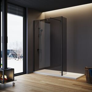 ELEGANT Grey Shower Door 1200mm with Dark Pivot Return Panel Walk in Glass Bathroom Shower Enclosure Include Support Bar + Shower Tray 1700x800mm + Free